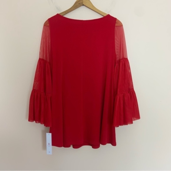 NWT New IC Collection Red Three Layered Shirring Mesh Sleeve Top Size XS - Picture 2 of 4